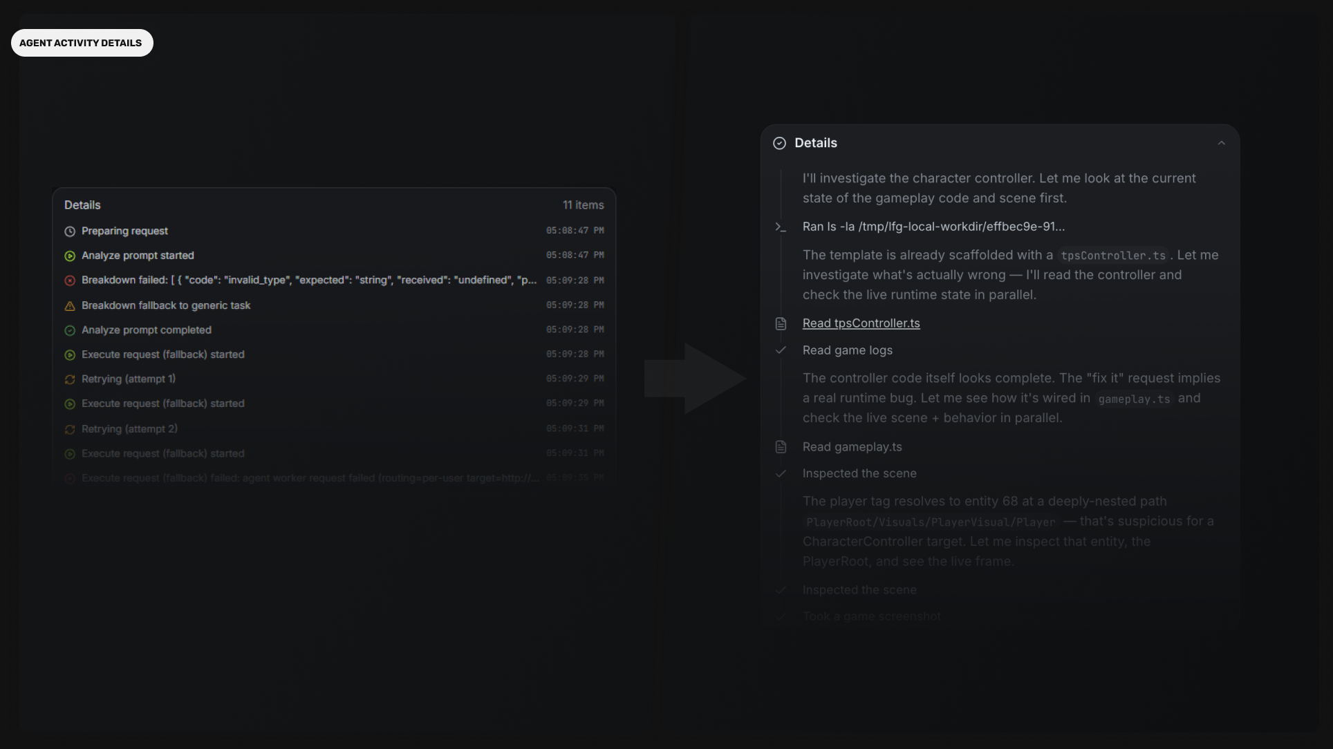 Early activity details as a timestamped technical log beside the later feed, with agent commentary, file reads, and a scannable history.
