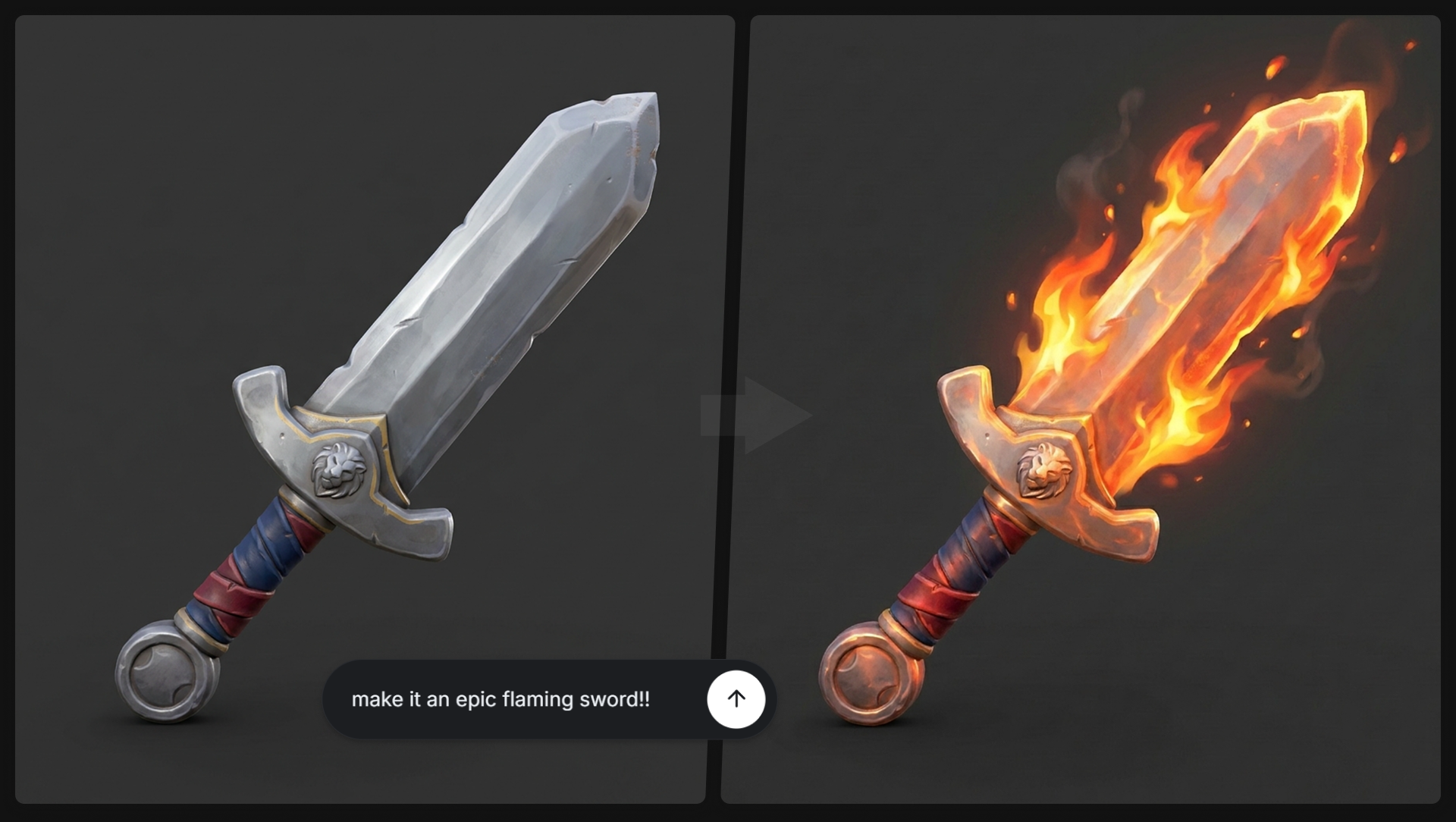 Concept of a short sword beside the same concept after a prompt to make it a flaming sword.