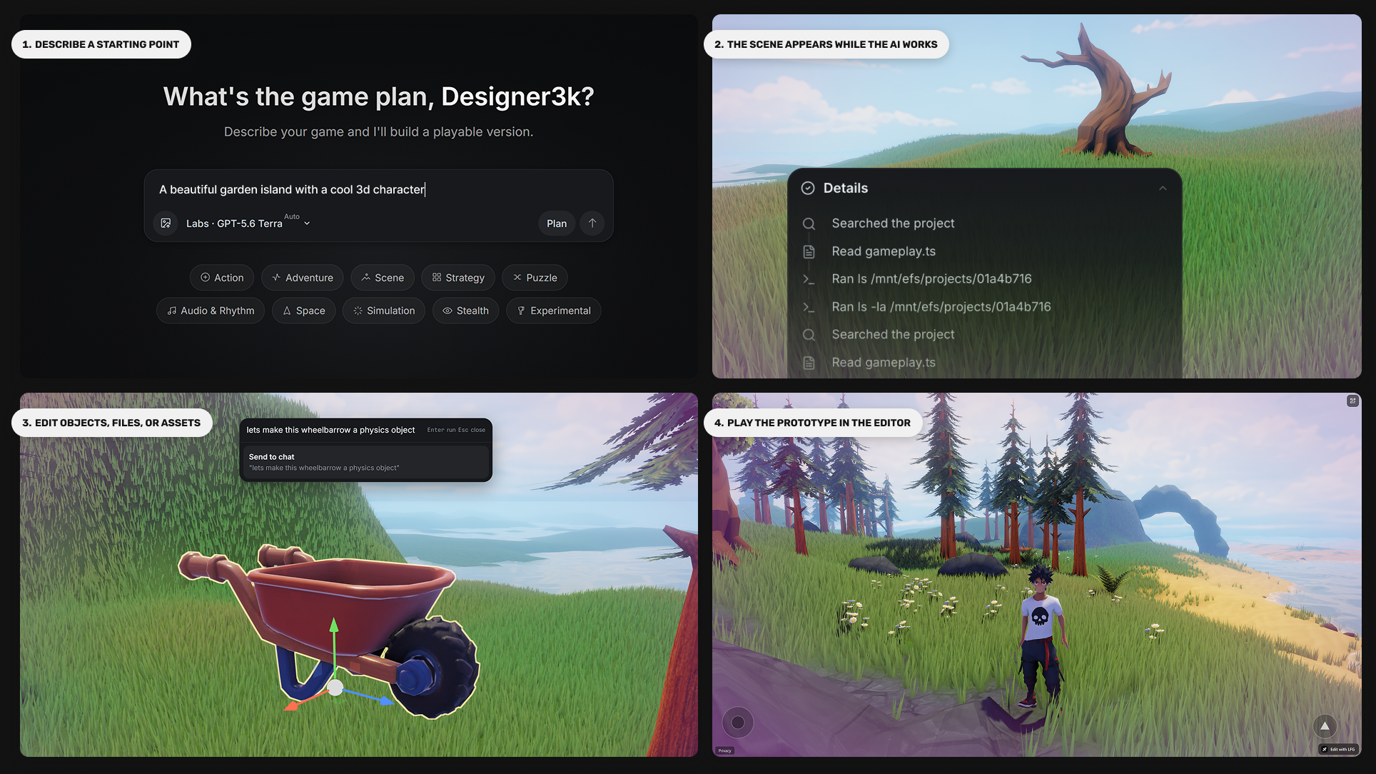 Four product screenshots: describe a starting point, the scene appearing while the AI works, editing an object, then playing the prototype.