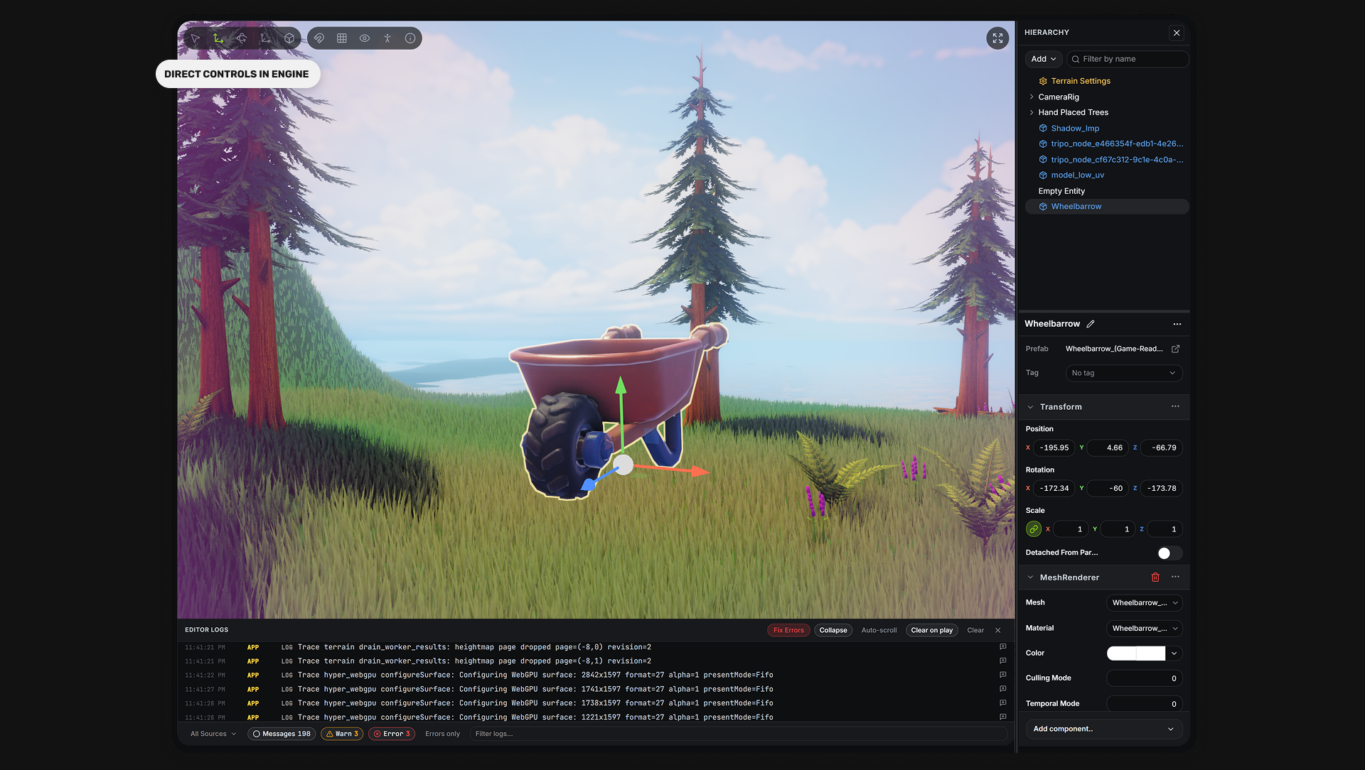 Editor with hierarchy, inspector, and 3D scene showing direct object controls alongside AI chat.