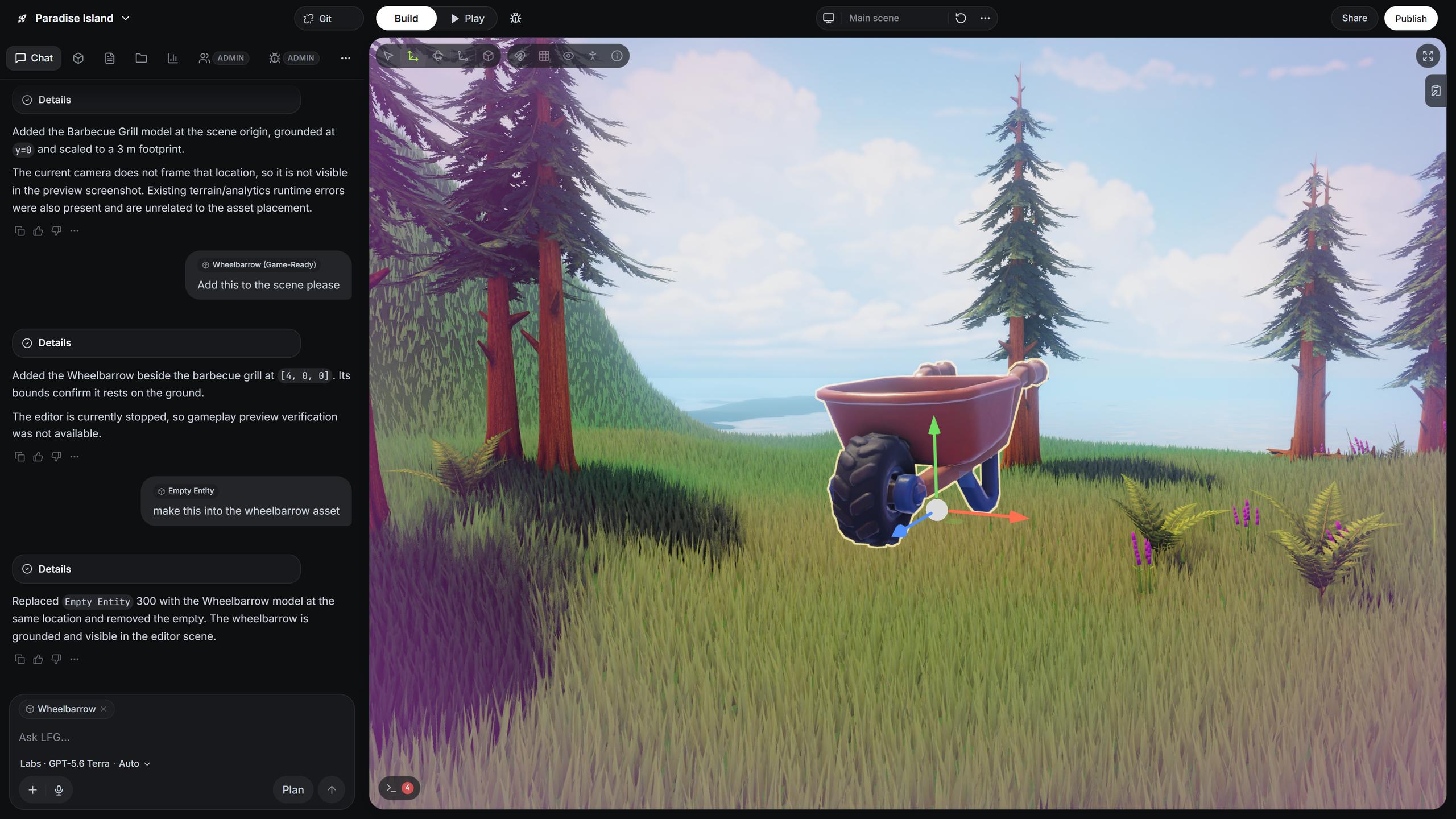 Later editor: AI chat beside a 3D scene, with a selected object and transform controls.