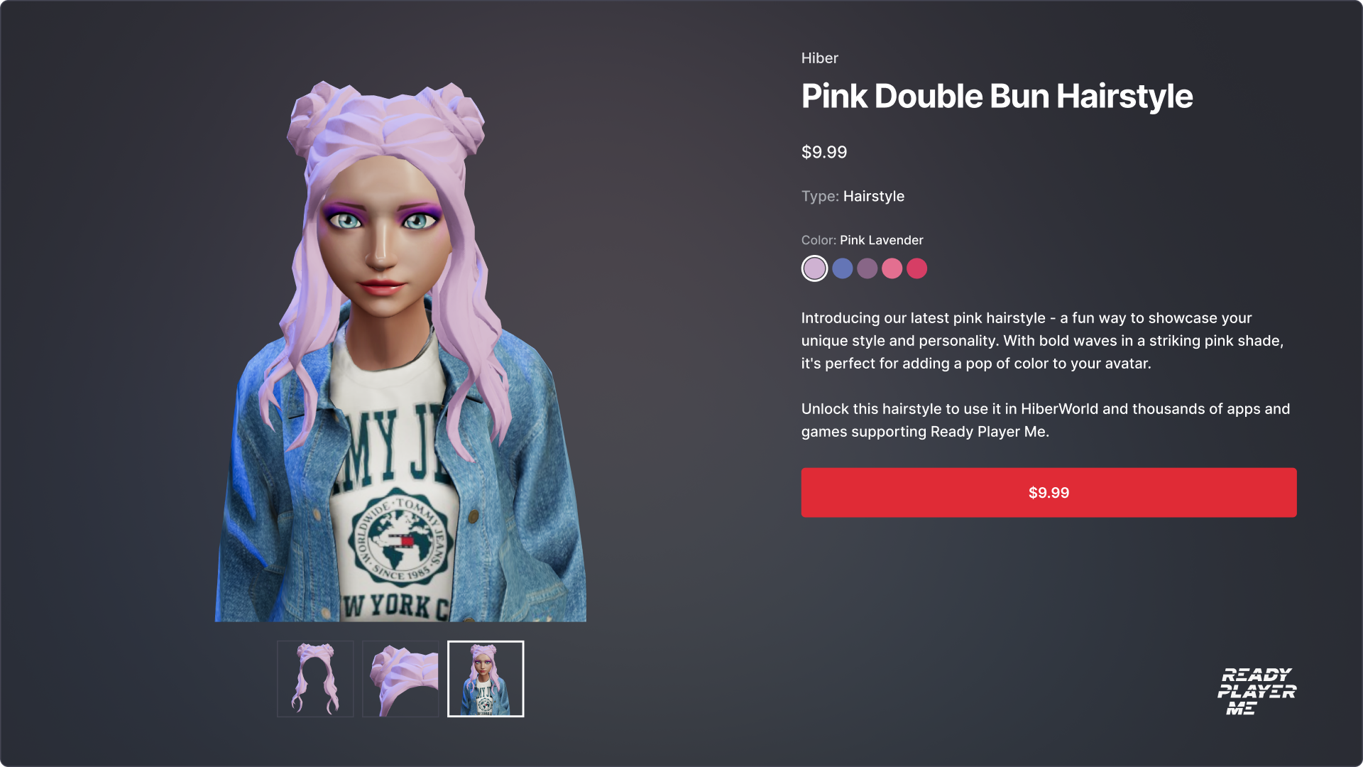 Product page design for a Ready Player Me pink double bun hairstyle at $9.99