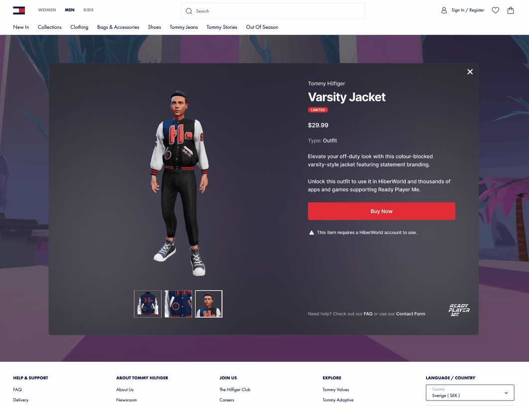 Live prototype of the varsity jacket product modal embedded on a Tommy Hilfiger brand site