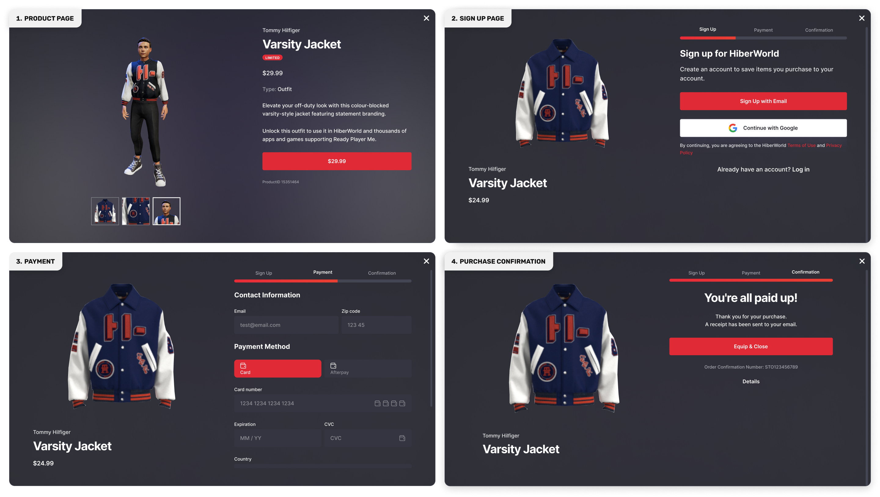Four screens of the purchase flow: product page, sign up, payment, and purchase confirmation for a Tommy Hilfiger varsity jacket