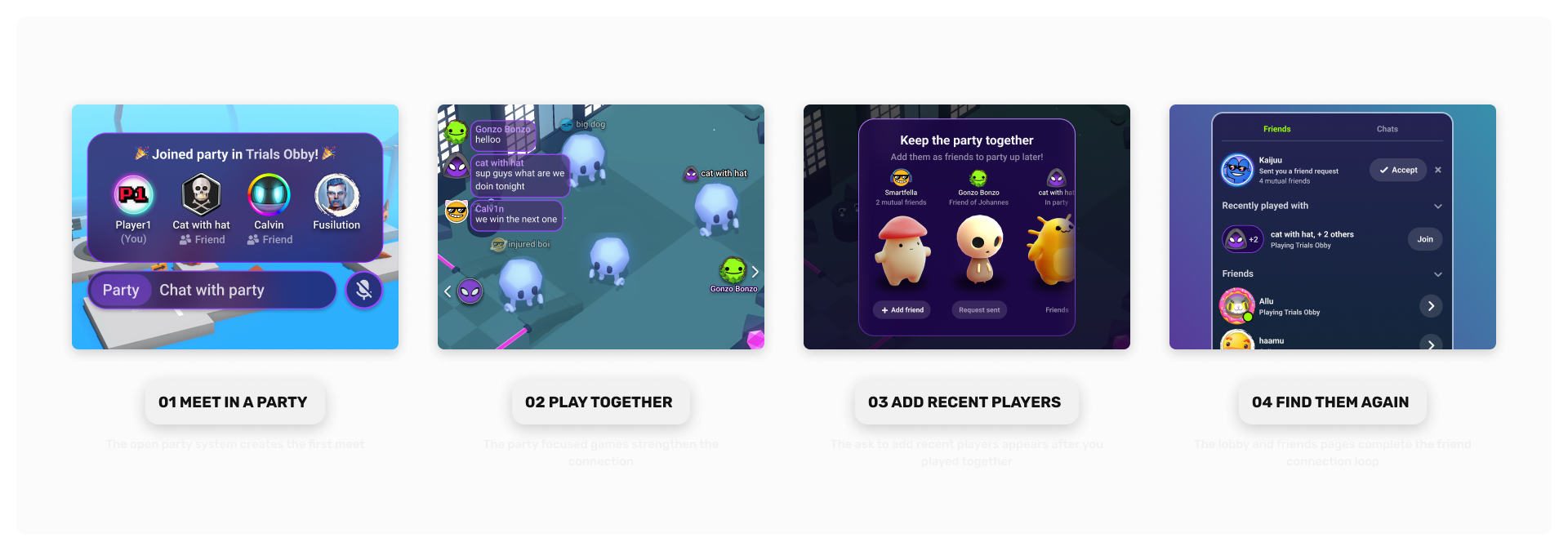 Four steps: meet in a party, play together, add recent players, then find them again.