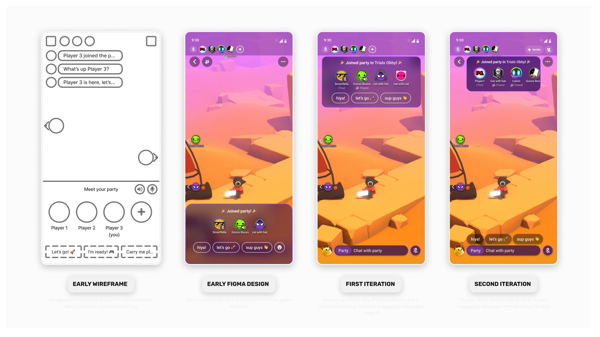 Four stages of the automatic party join: early wireframe, large overlay, top panel, then a compact banner with suggested messages near chat.